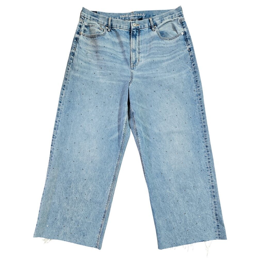 American Eagle Curvy Super High Rise Baggy Straight Jeans Beaded Strigid
